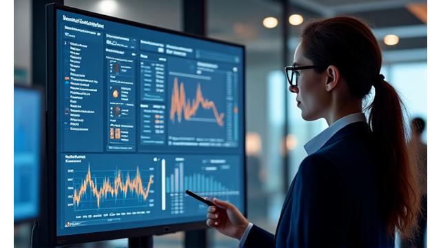 Financial services professional analyzing data dashboards with risk metrics.