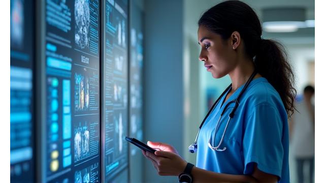 Healthcare professional looking at patient data and analytics on a tablet.