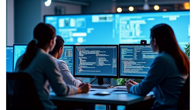 Software engineers collaborating in an agile workspace with multiple monitors displaying code and flowcharts, representing tech industry efficiency.
