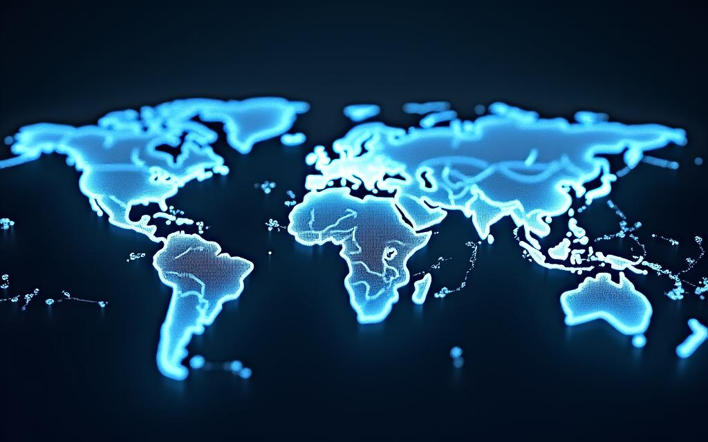 Complex global regulatory map with illuminated regions representing key ESG compliance zones, suggesting global reach and interconnections.